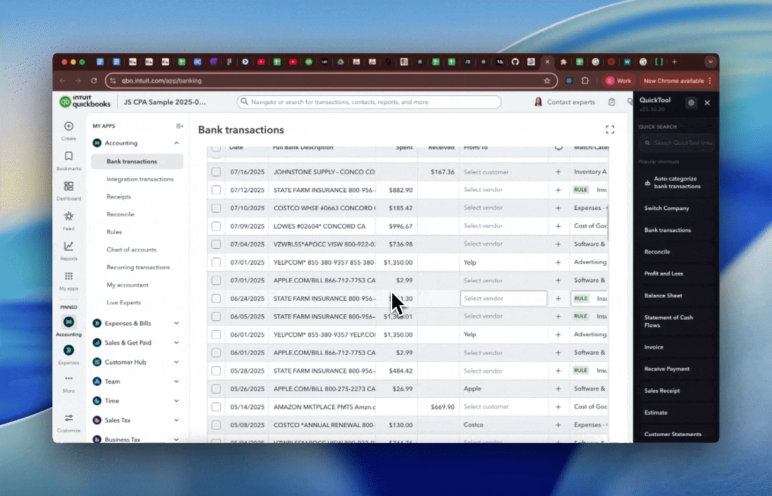 QuickTool capturing business profile details before categorising transactions.