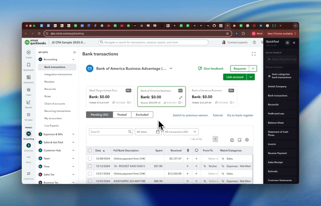 QuickTool reviewing historic QuickBooks transactions to learn categorisation patterns.