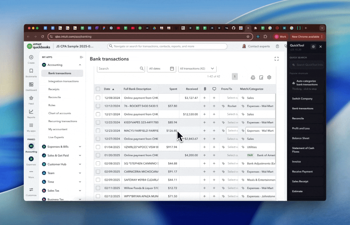 QuickTool requesting extra context for transactions that need clarification.