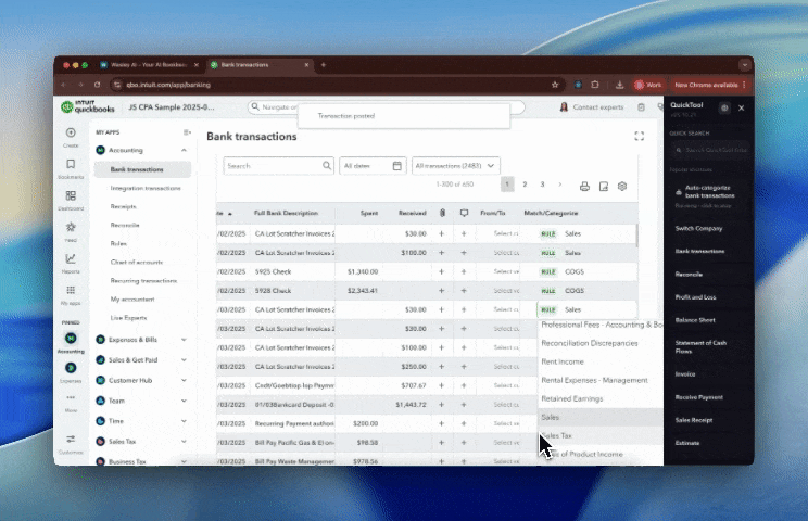QuickTool automatically finalising transaction categories inside QuickBooks Online.